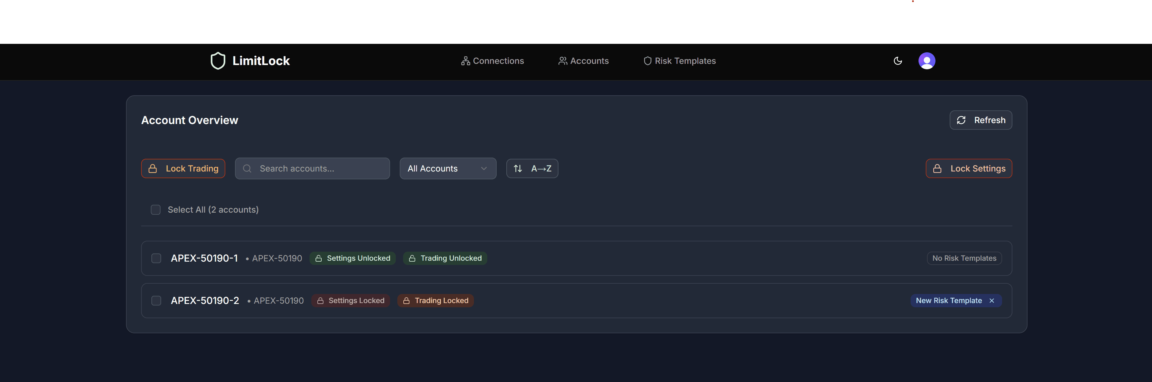 LimitLock Accounts Page Demo
